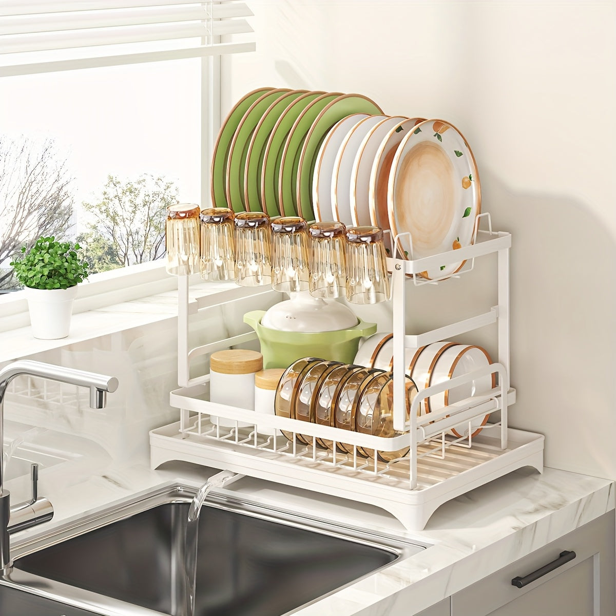 1pc Large Capacity 2-Tier Dish Drying Rack with Drainboard, Double-Layer Bowl & Cup Rack, Detachable Over The Sink Organizer for Kitchen Counter, Black & White - Ideal for Plates, Bowls, Cups & Cutlery Storage, Dish Drying Rack