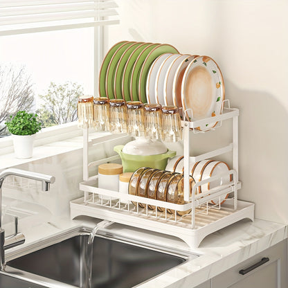 1pc Large Capacity 2-Tier Dish Drying Rack with Drainboard, Double-Layer Bowl & Cup Rack, Detachable Over The Sink Organizer for Kitchen Counter, Black & White - Ideal for Plates, Bowls, Cups & Cutlery Storage, Dish Drying Rack